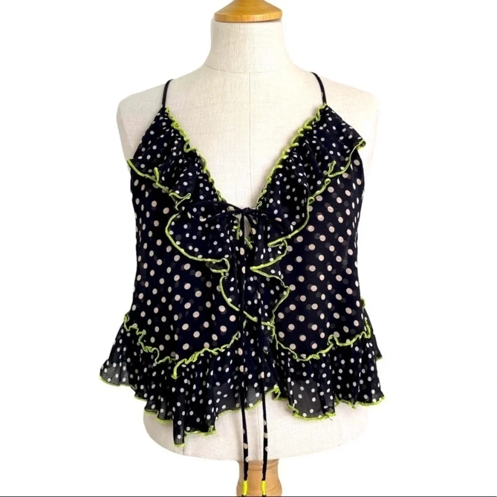 FREE PEOPLE WOMEN'S BLACK POLKA DOT DANCE TILL DOWN RUFFLE TOP Size XS